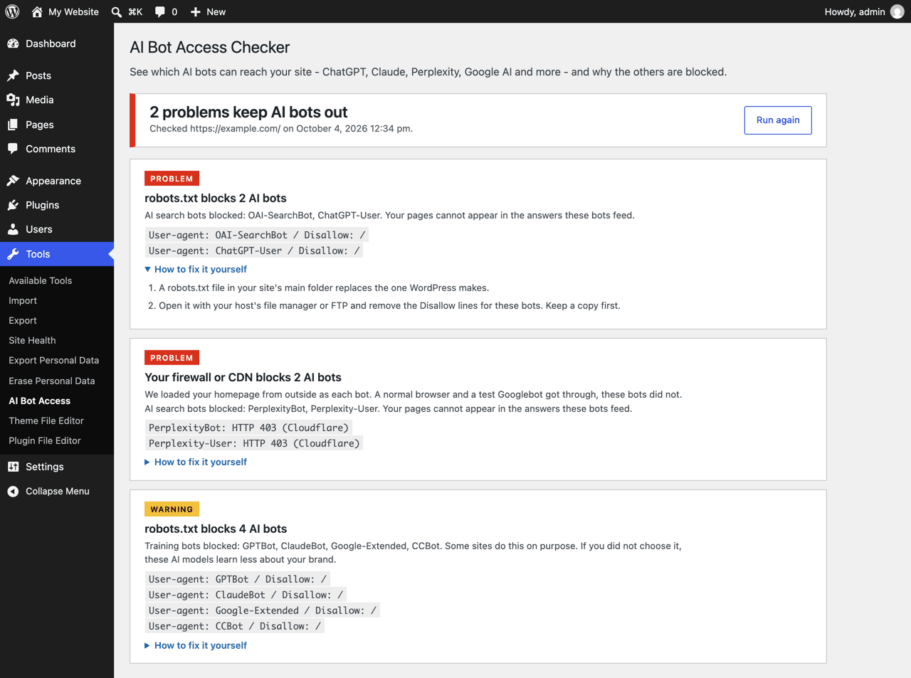AI Bot Access Checker results in WordPress: two problems keep AI bots out, a robots.txt rule and a firewall block, each with steps to fix it yourself.
