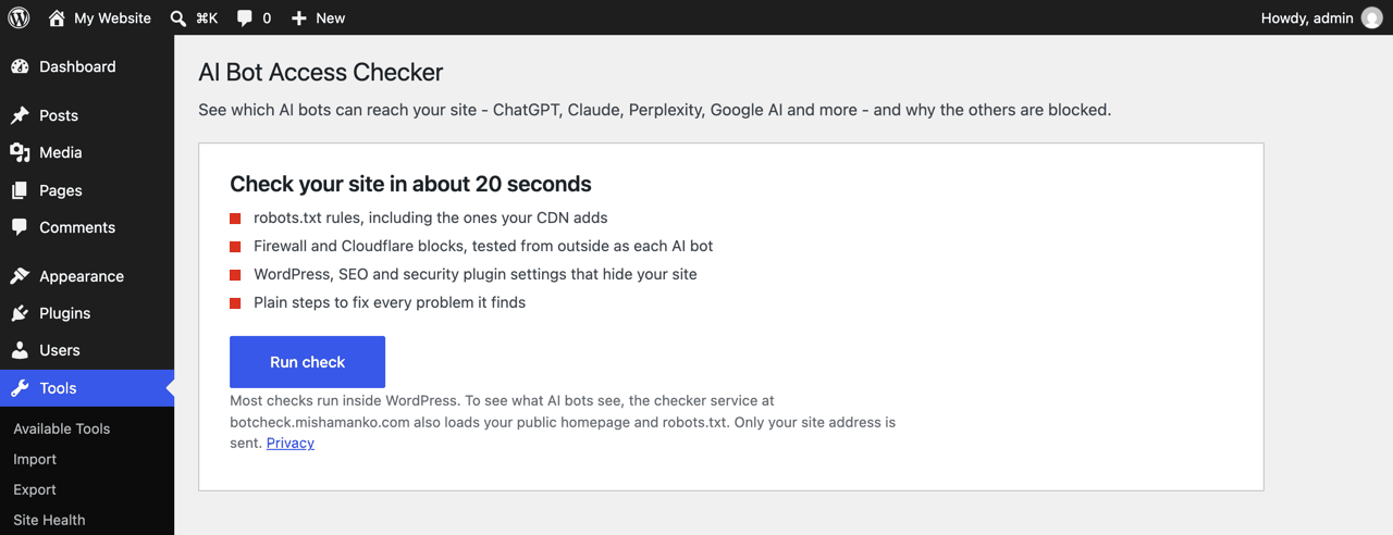 The plugin's first screen in WordPress with a Run check button.